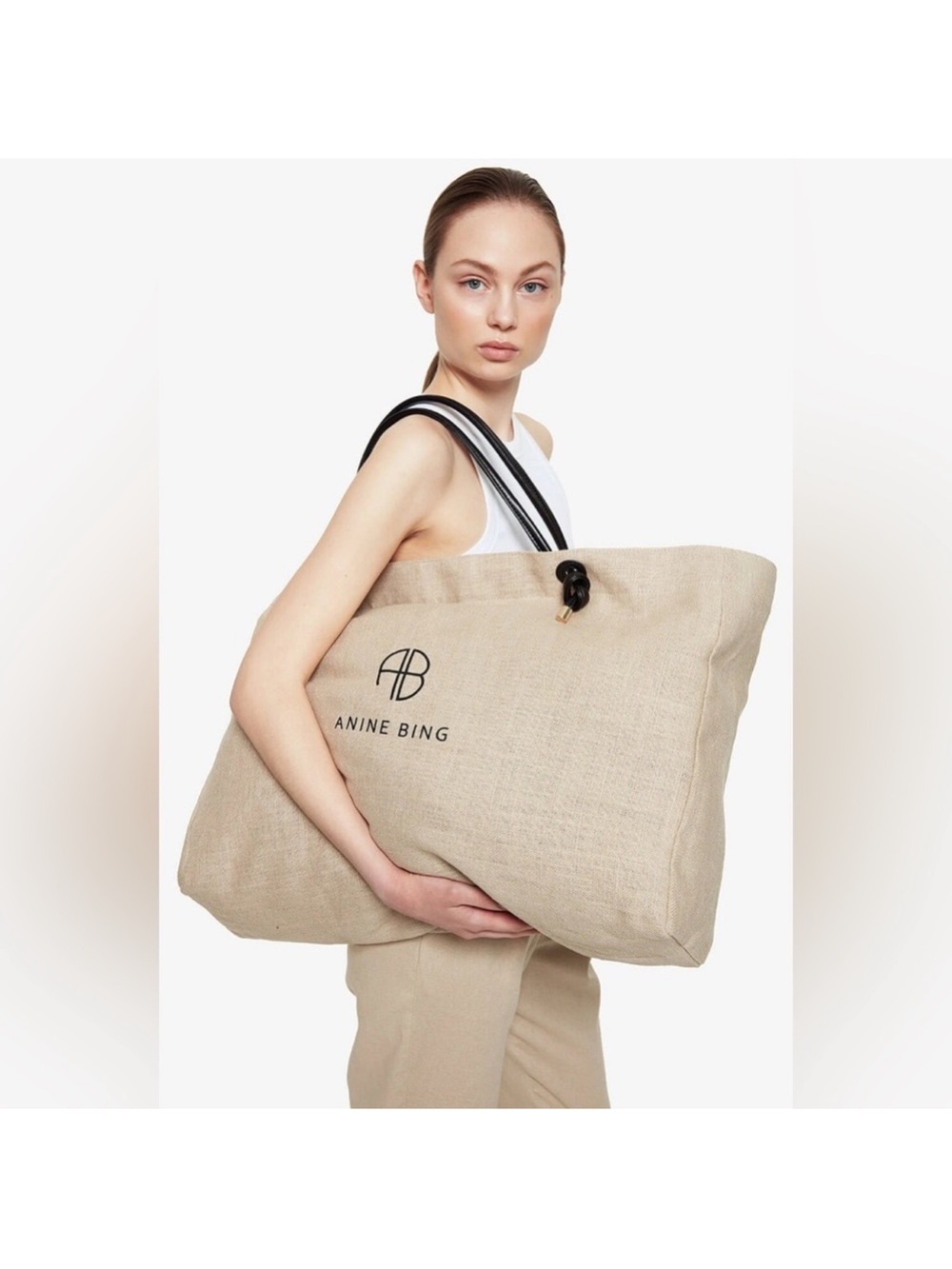 Anine Bing Natural Canvas Tote with Black Logo - Picture 8 of 10